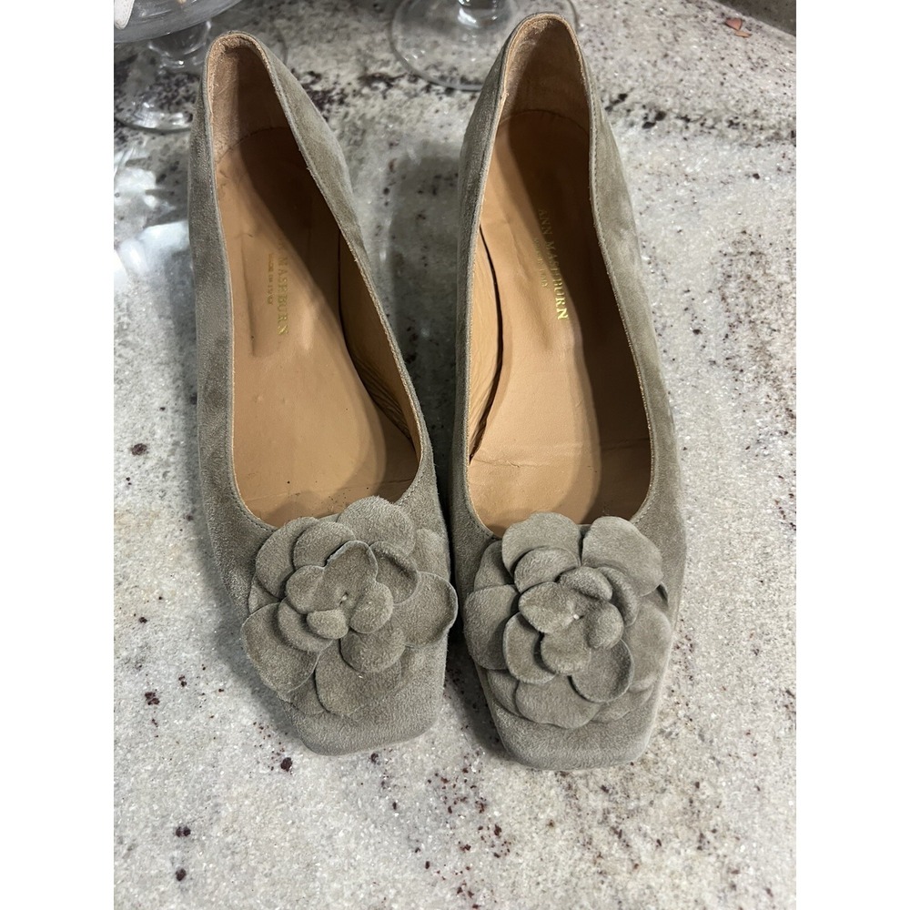 Ann Mashburn Flower Shoe Green Suede Square Toe Low Heel Flats Size 36 US 5.5